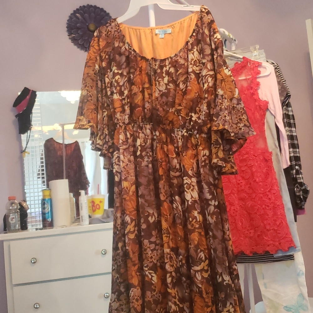Brown and Orange Flower Maxi Dress